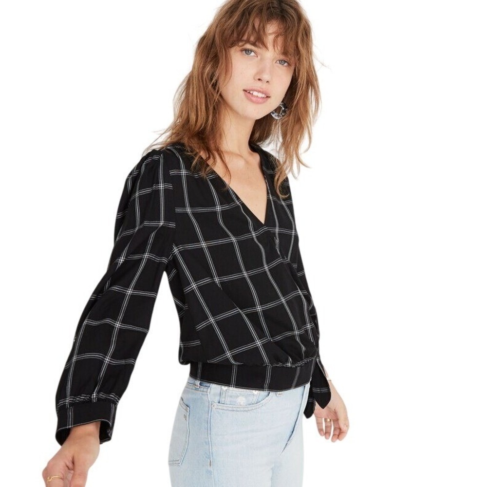 Madewell Womens Wrap Top Tie Front V Neck 3/4 Sleeve Windowpane Plaid Size Small